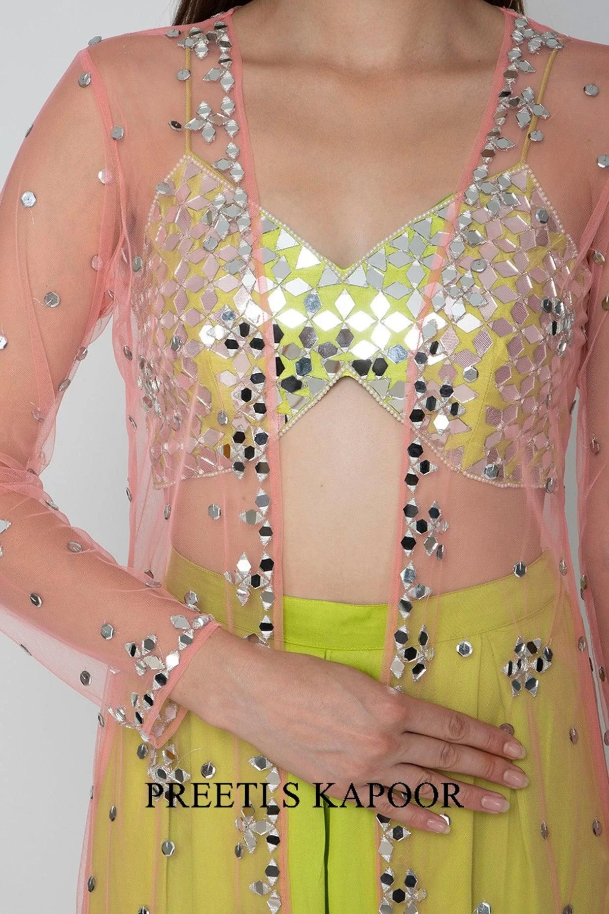 Lime Green Embroidered Blouse With Palazzo Pants & Blush Pink Cape - Preeti S Kapoor