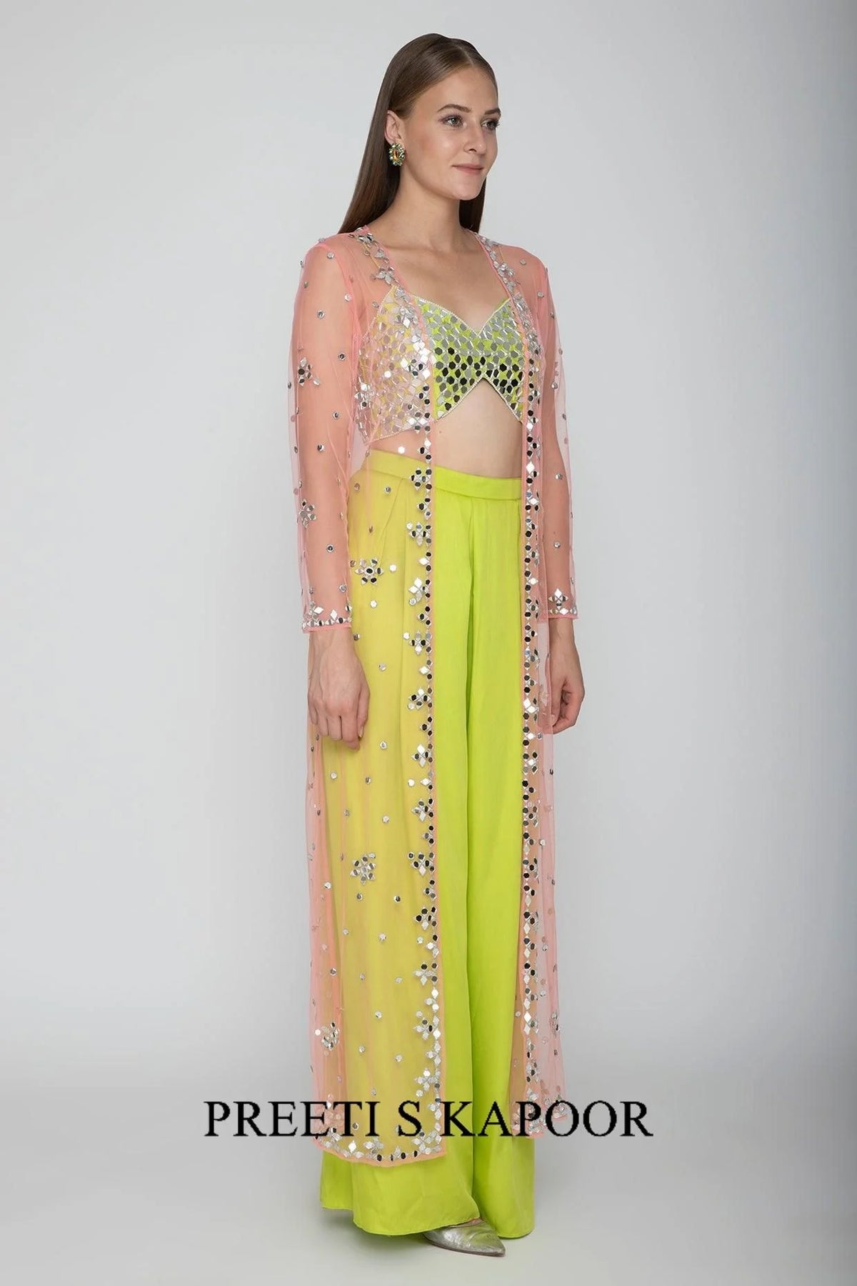 Lime Green Embroidered Blouse With Palazzo Pants & Blush Pink Cape - Preeti S Kapoor