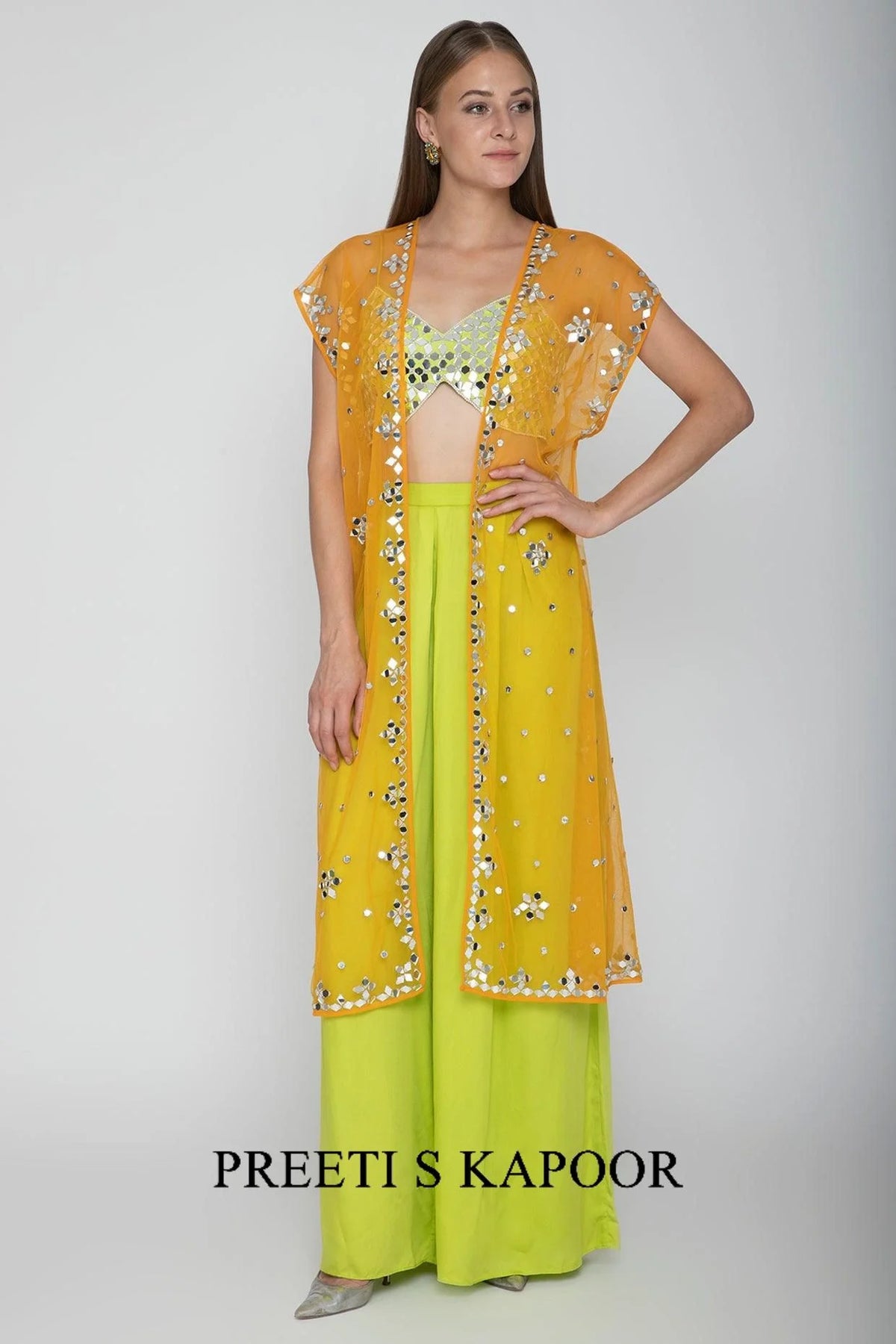 Lime Green Embroidered Blouse With Palazzo Pants & Orange Cape - Preeti S Kapoor