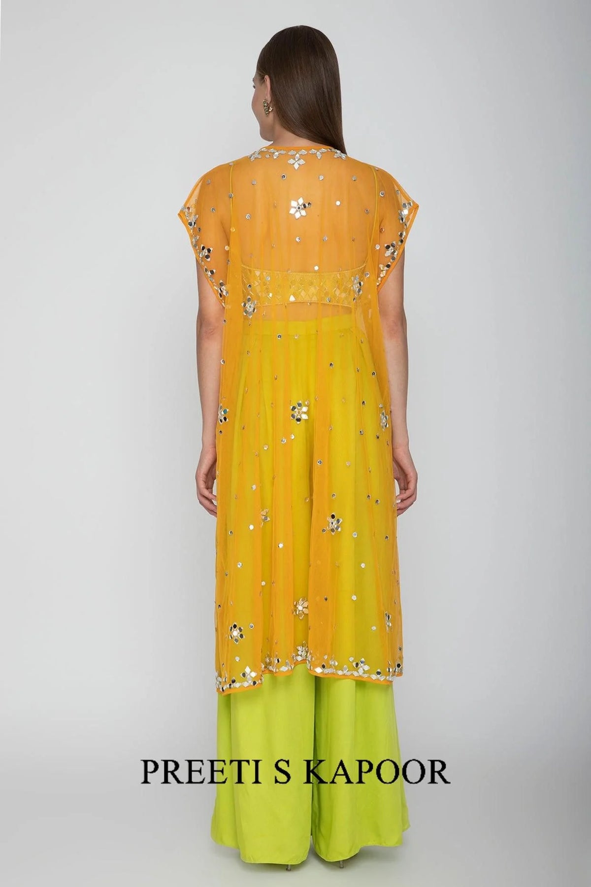 Lime Green Embroidered Blouse With Palazzo Pants & Orange Cape - Preeti S Kapoor