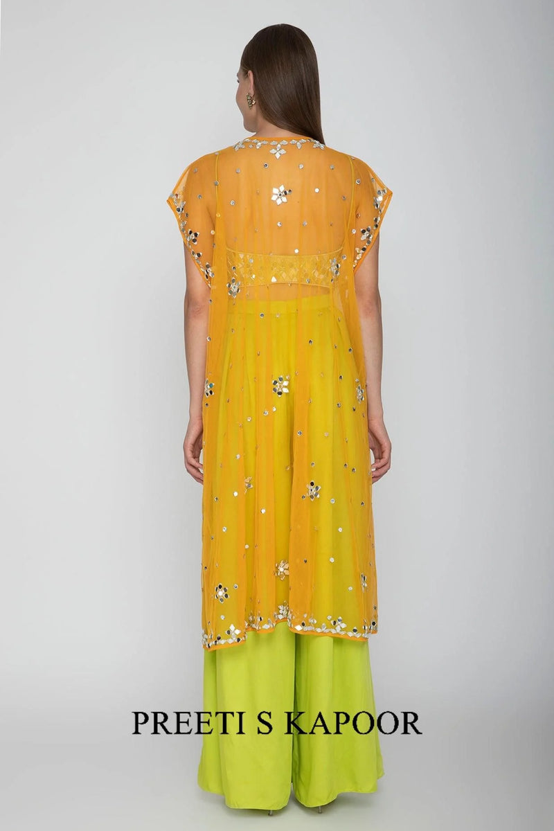 Lime Green Embroidered Blouse With Palazzo Pants & Orange Cape - Preeti S Kapoor