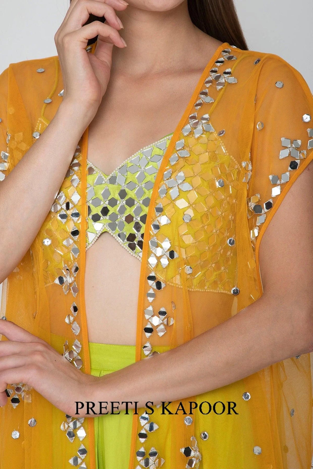 Lime Green Embroidered Blouse With Palazzo Pants & Orange Cape - Preeti S Kapoor