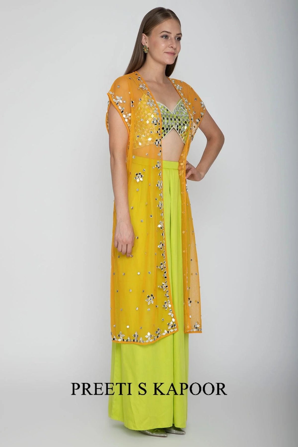 Lime Green Embroidered Blouse With Palazzo Pants & Orange Cape - Preeti S Kapoor