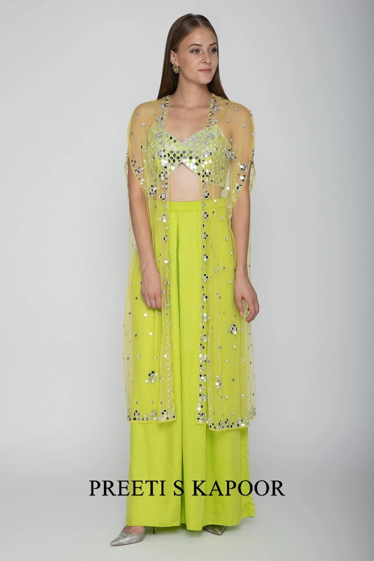 Lime Green Embroidered Blouse With Palazzo Pants & Net Cape - Preeti S Kapoor