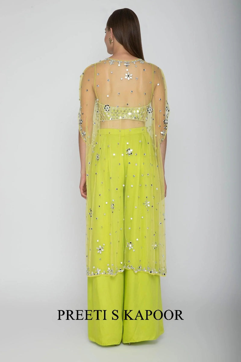 Lime Green Embroidered Blouse With Palazzo Pants & Net Cape - Preeti S Kapoor