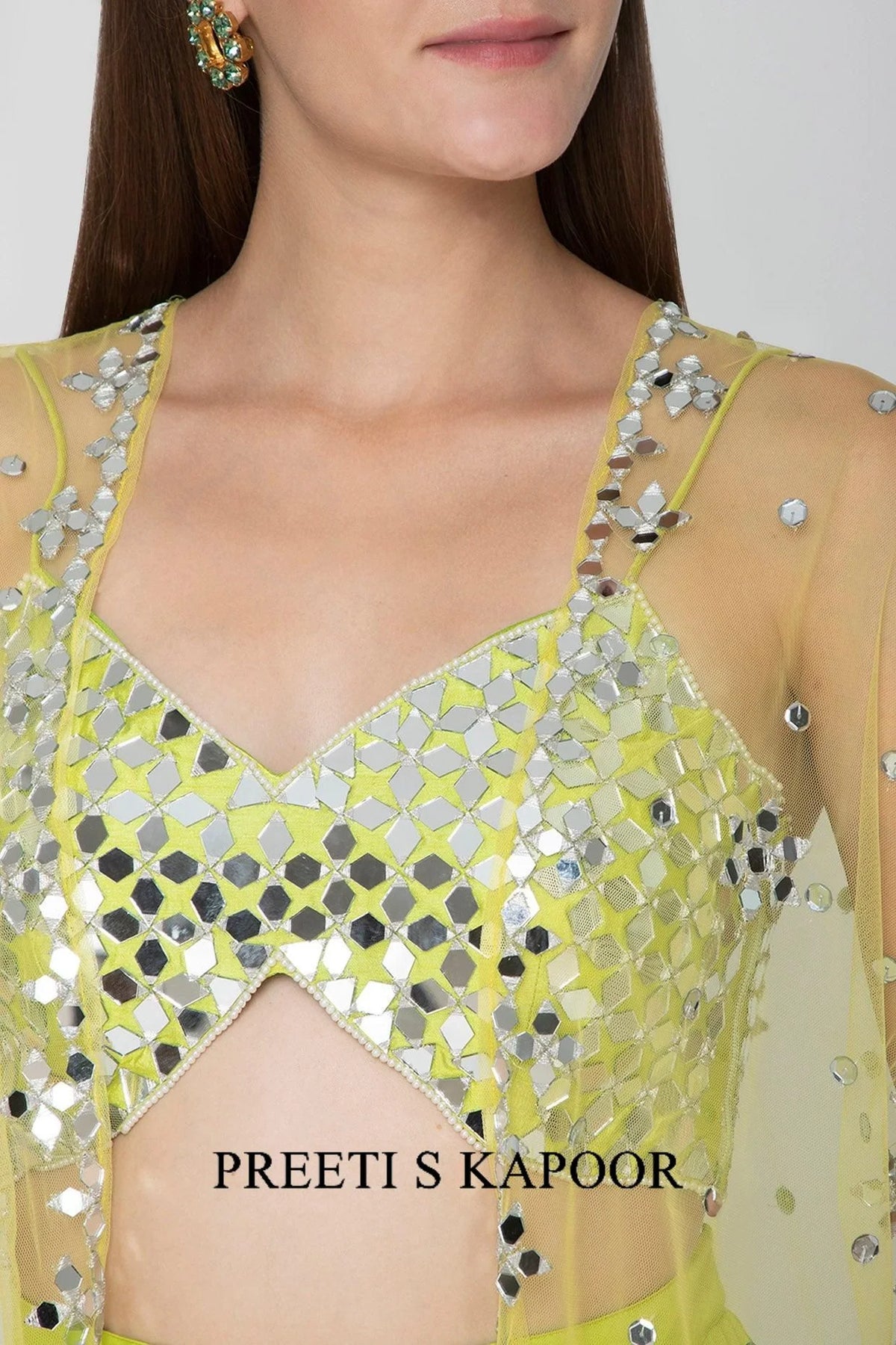 Lime Green Embroidered Blouse With Palazzo Pants & Net Cape - Preeti S Kapoor