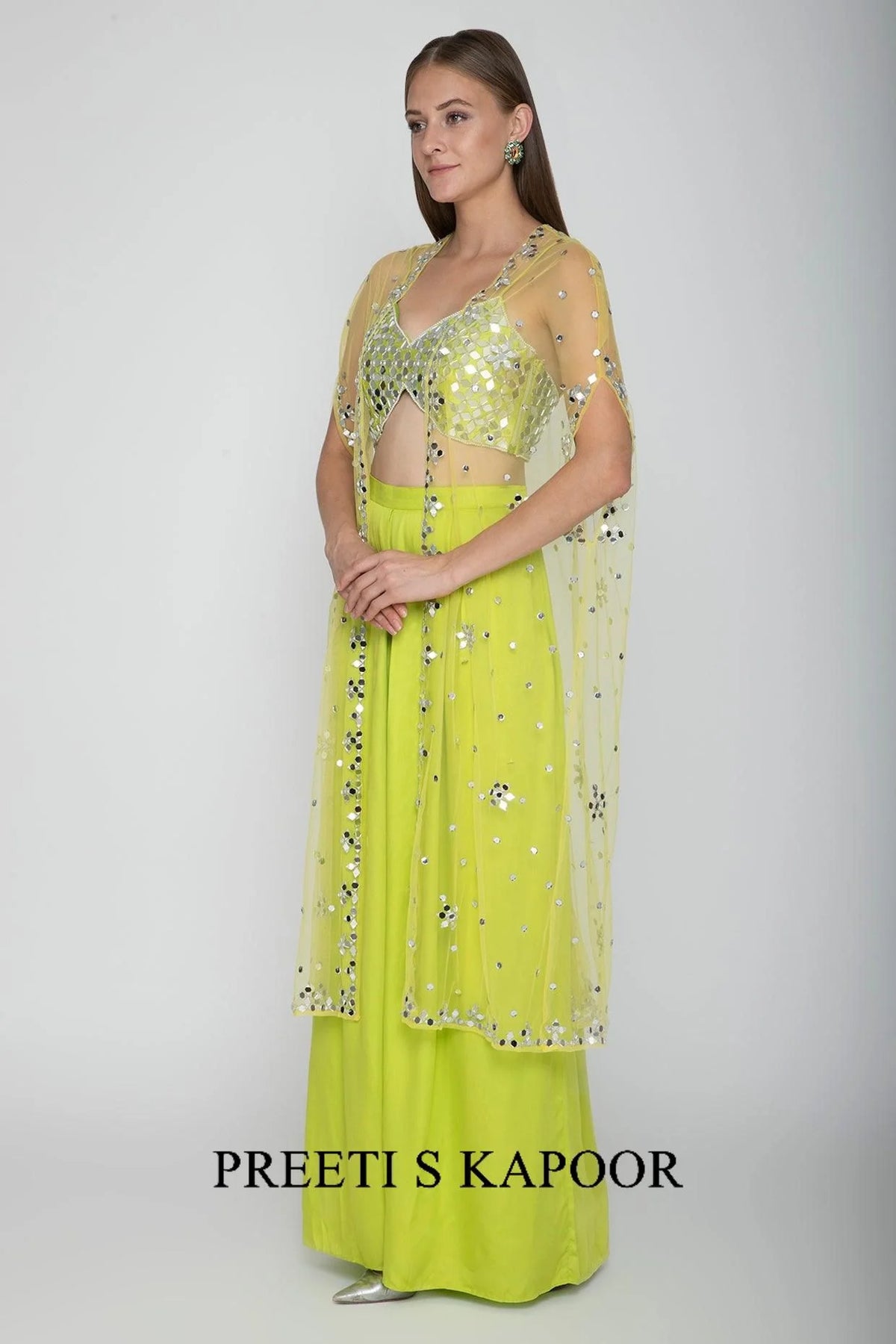 Lime Green Embroidered Blouse With Palazzo Pants & Net Cape - Preeti S Kapoor