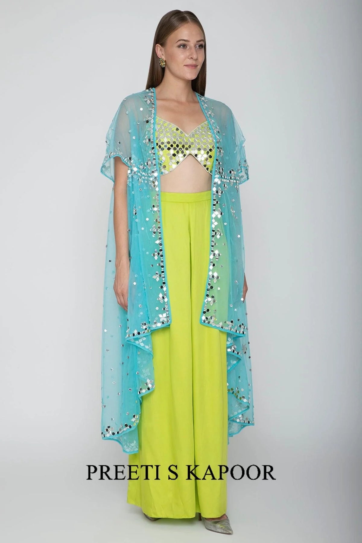 Lime Green Embroidered Blouse With Palazzo Pants & Sky Blue Cape - Preeti S Kapoor