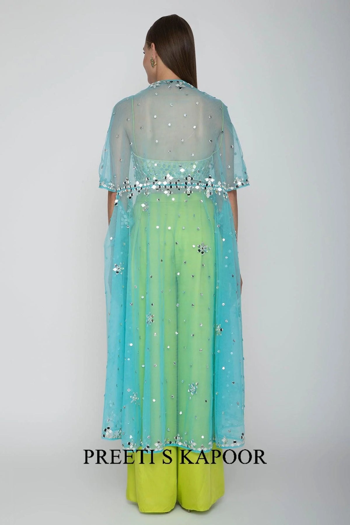 Lime Green Embroidered Blouse With Palazzo Pants & Sky Blue Cape - Preeti S Kapoor