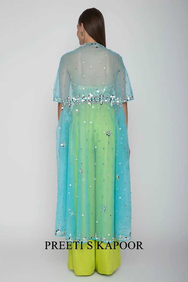 Lime Green Embroidered Blouse With Palazzo Pants & Sky Blue Cape - Preeti S Kapoor