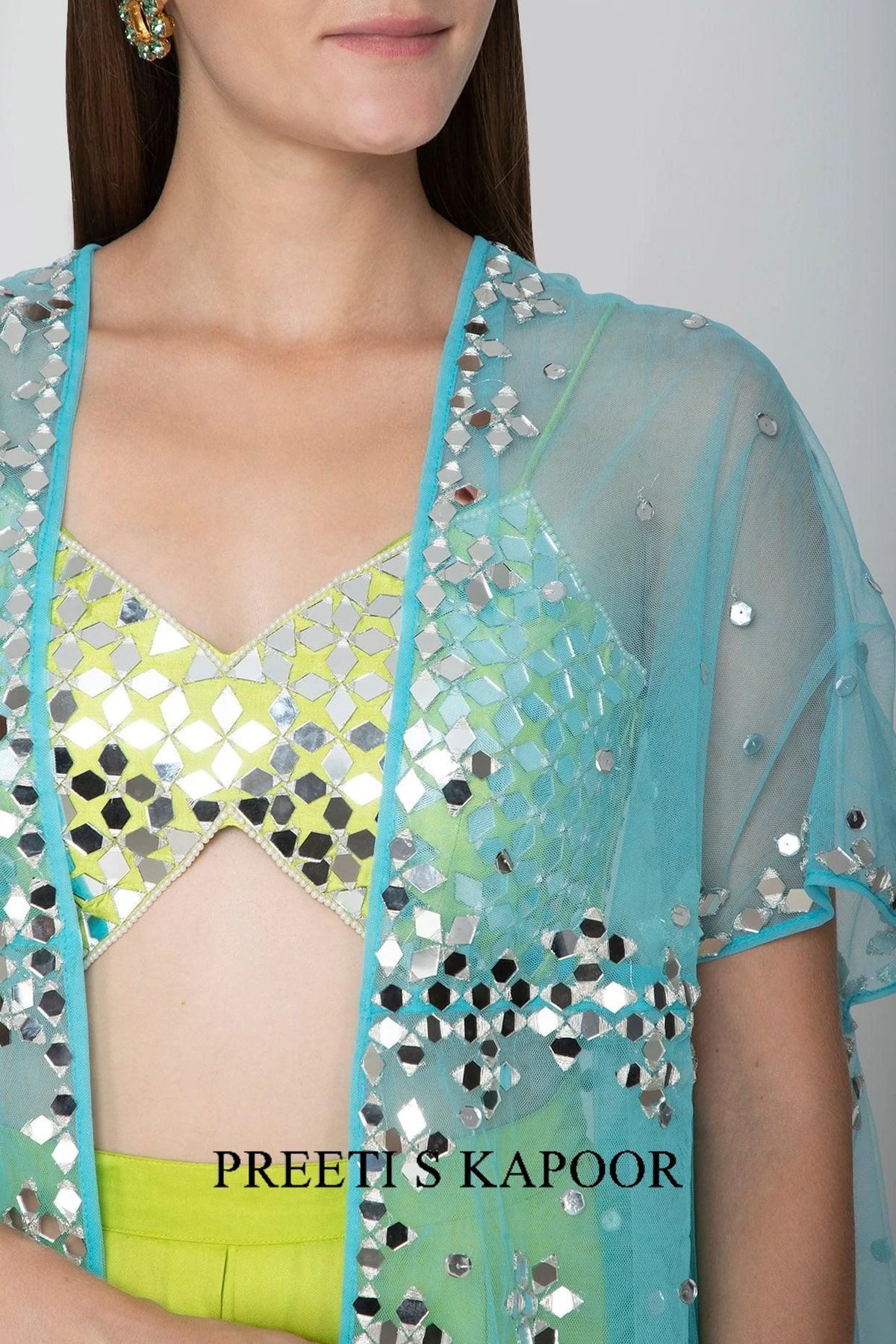 Lime Green Embroidered Blouse With Palazzo Pants & Sky Blue Cape - Preeti S Kapoor