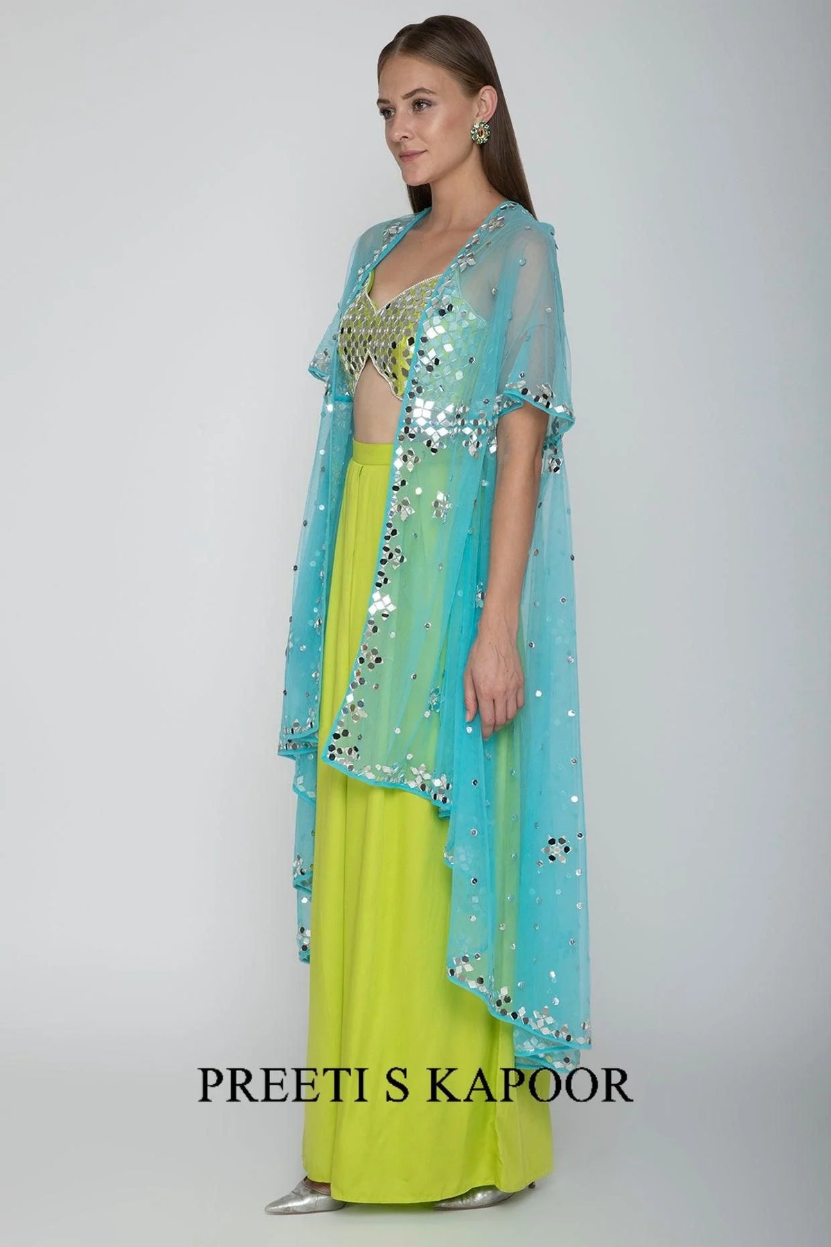 Lime Green Embroidered Blouse With Palazzo Pants & Sky Blue Cape - Preeti S Kapoor