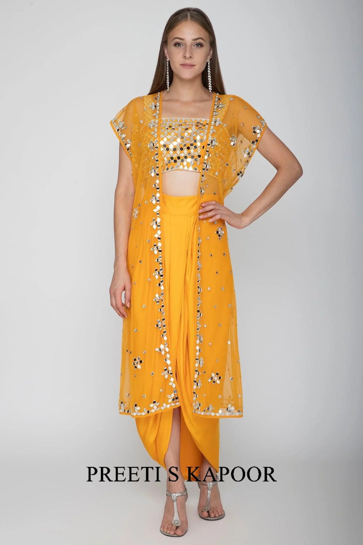 Orange Embroidered Blouse With Dhoti Skirt & Cape - Preeti S Kapoor