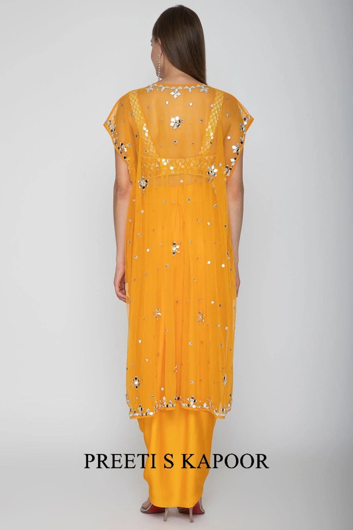 Orange Embroidered Blouse With Dhoti Skirt & Cape - Preeti S Kapoor