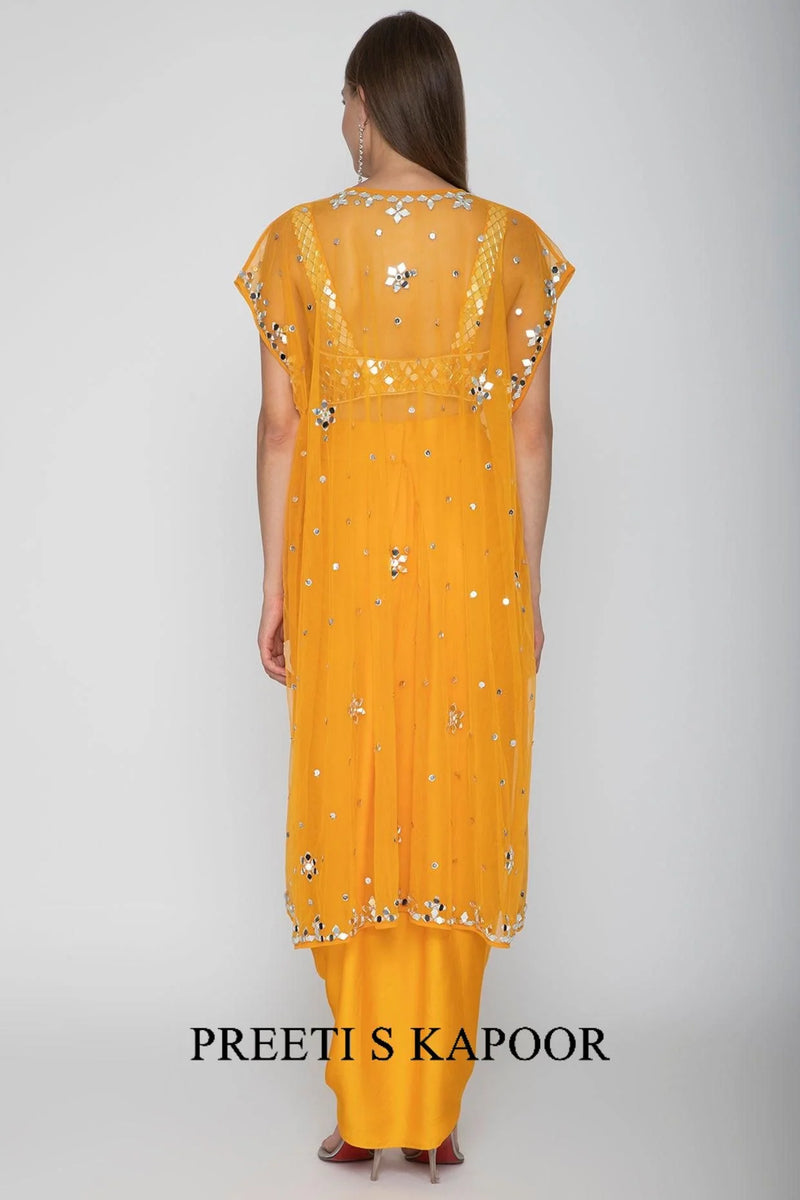 Orange Embroidered Blouse With Dhoti Skirt & Cape - Preeti S Kapoor