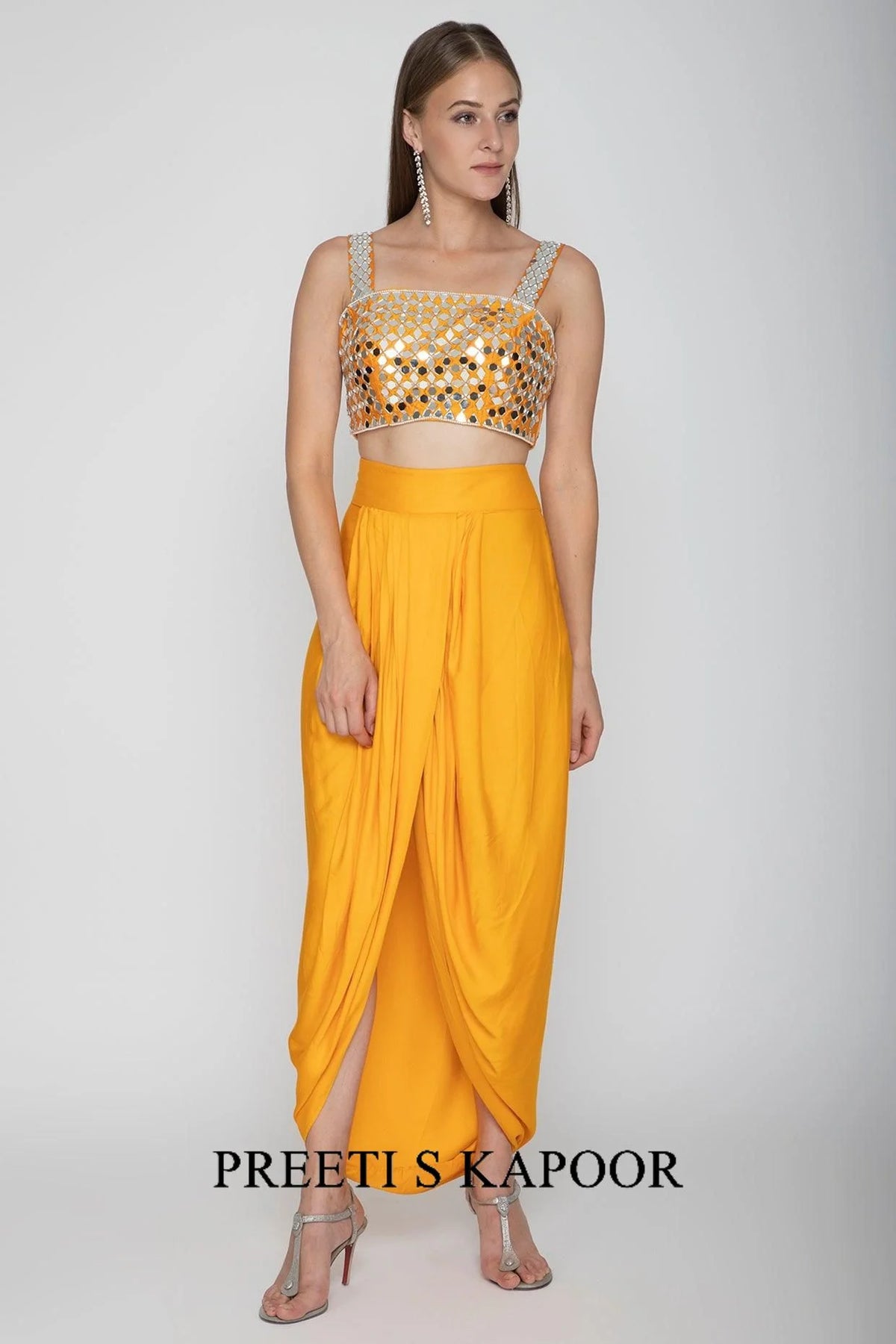 Orange Embroidered Blouse With Dhoti Skirt & Cape - Preeti S Kapoor