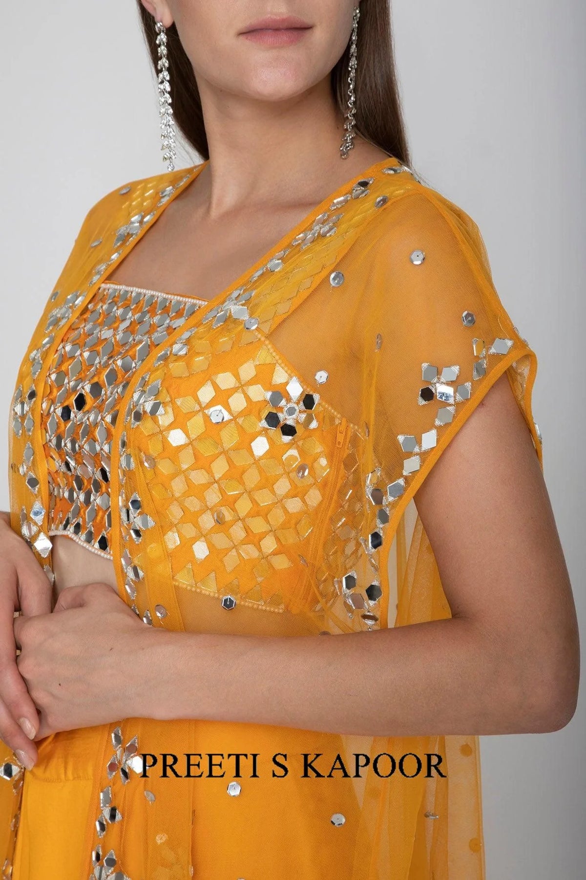 Orange Embroidered Blouse With Dhoti Skirt & Cape - Preeti S Kapoor