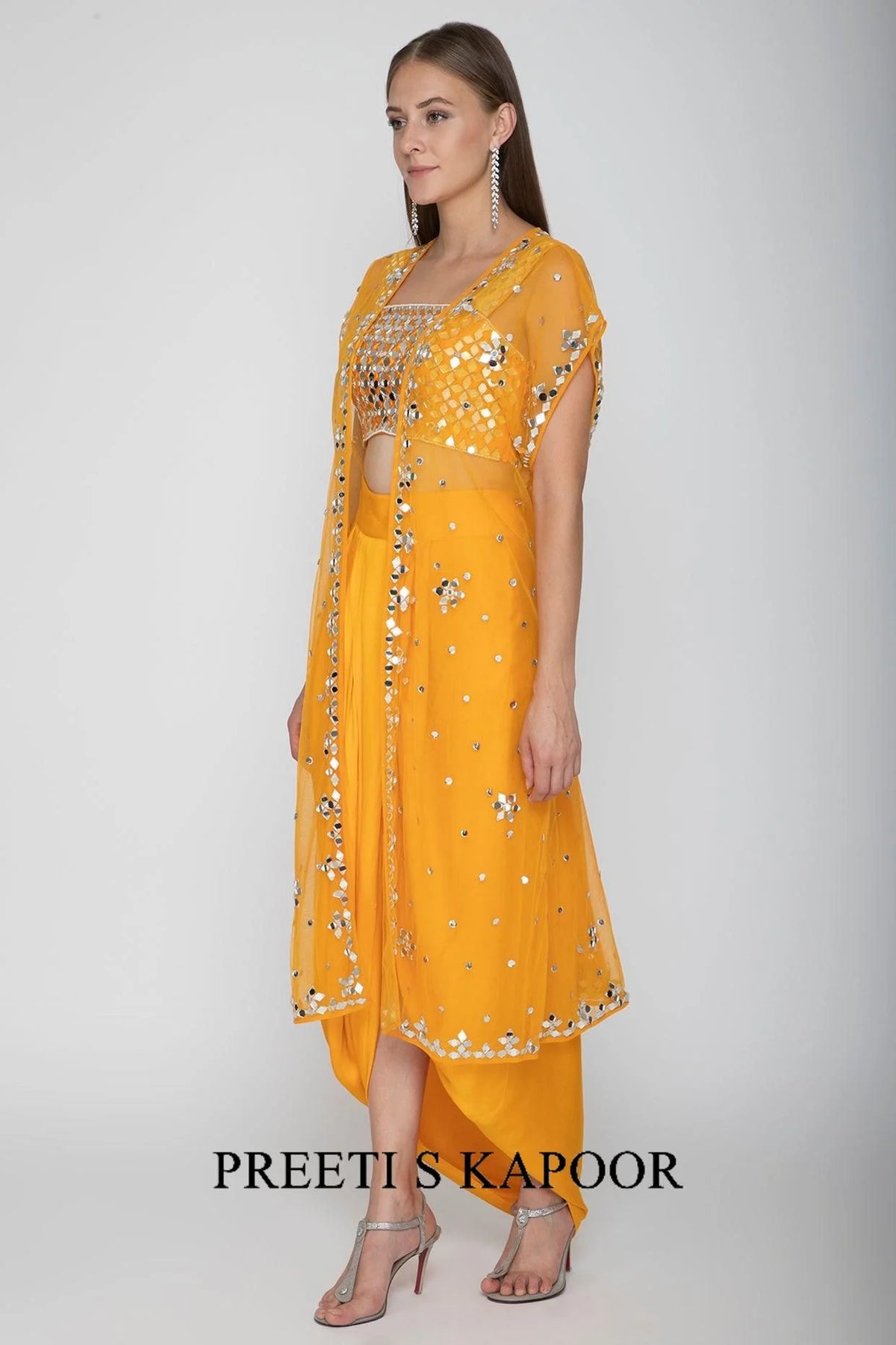 Orange Embroidered Blouse With Dhoti Skirt & Cape - Preeti S Kapoor