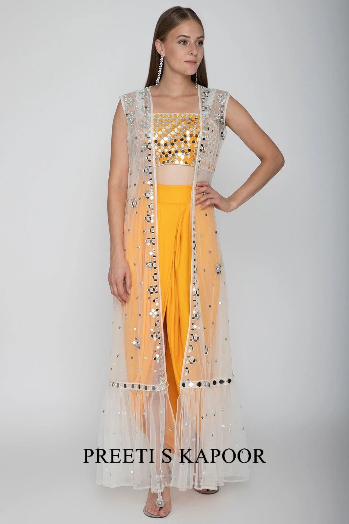 Orange Embroidered Blouse With Dhoti Skirt & White Cape - Preeti S Kapoor