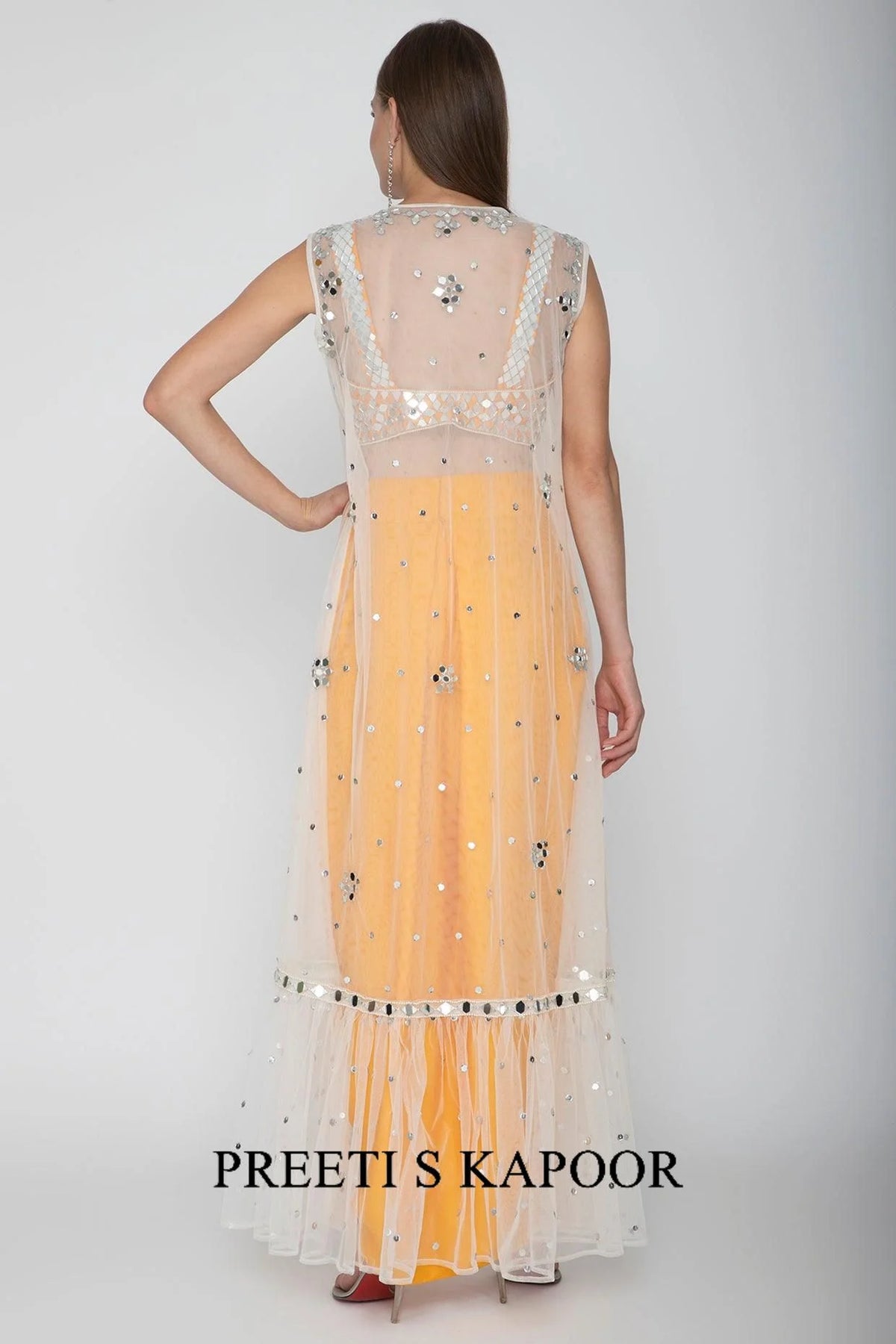 Orange Embroidered Blouse With Dhoti Skirt & White Cape - Preeti S Kapoor