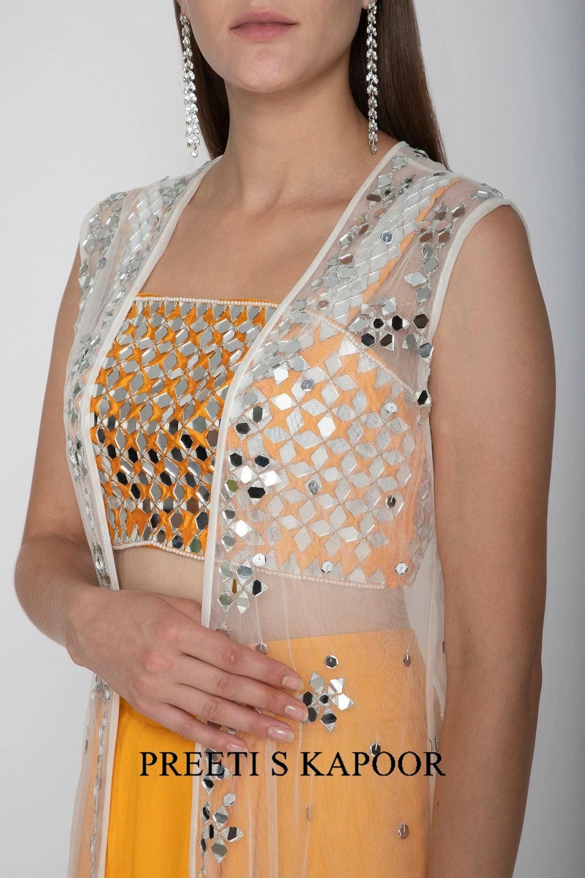 Orange Embroidered Blouse With Dhoti Skirt & White Cape - Preeti S Kapoor