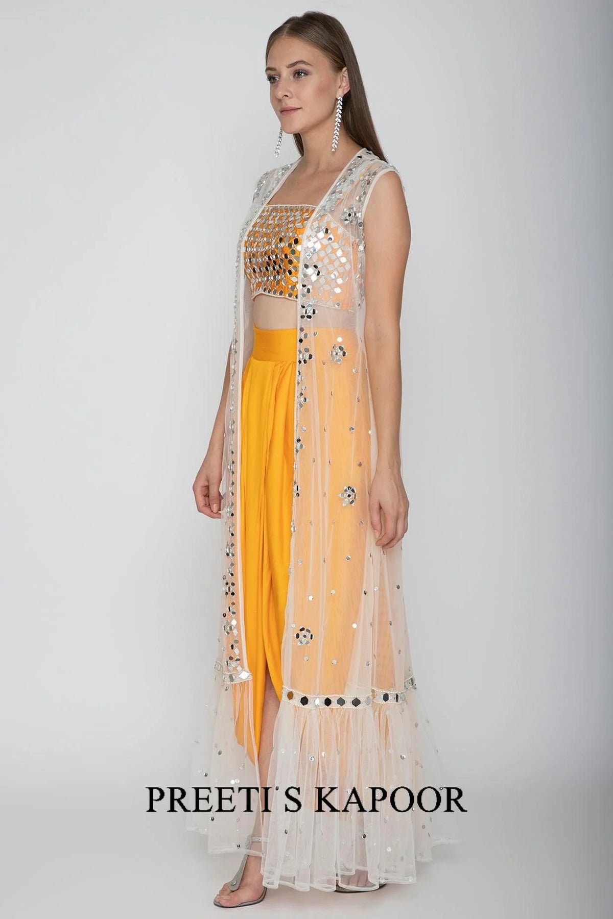 Orange Embroidered Blouse With Dhoti Skirt & White Cape - Preeti S Kapoor