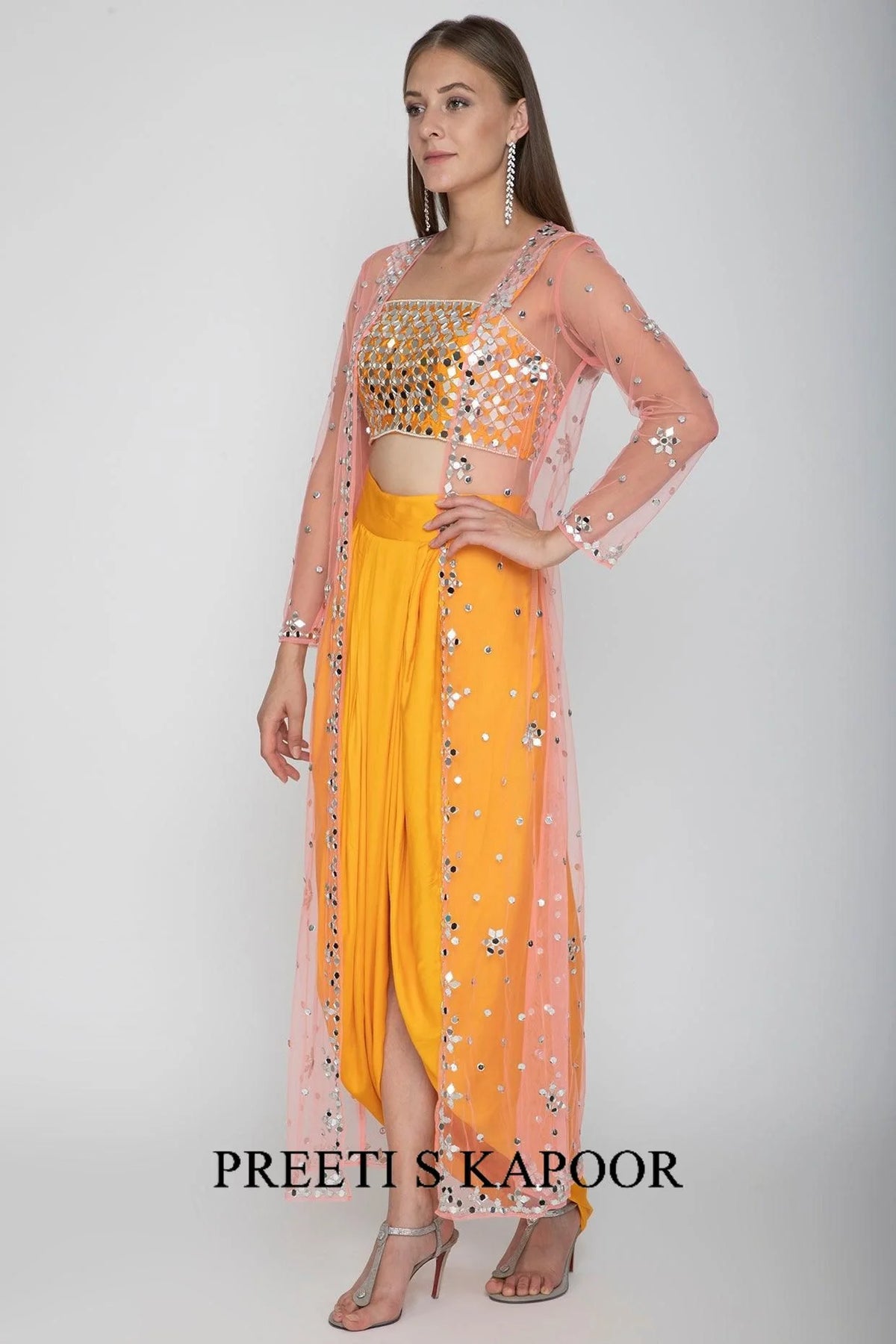 Orange Embroidered Blouse With Dhoti Skirt & Blush Pink Cape - Preeti S Kapoor