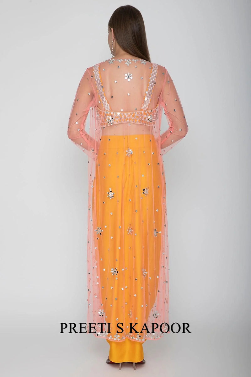 Orange Embroidered Blouse With Dhoti Skirt & Blush Pink Cape - Preeti S Kapoor
