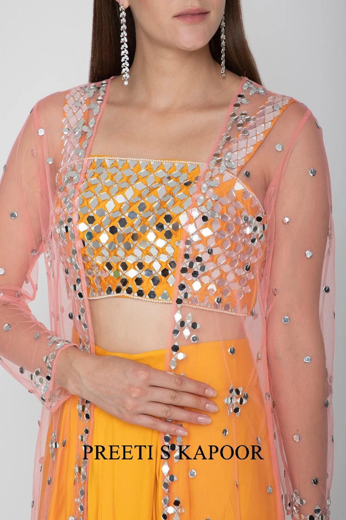Orange Embroidered Blouse With Dhoti Skirt & Blush Pink Cape - Preeti S Kapoor