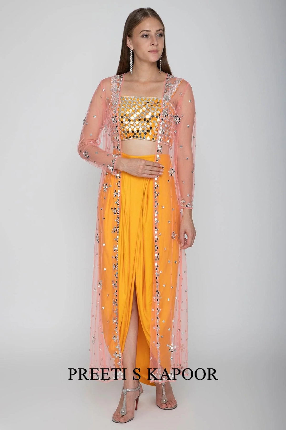 Orange Embroidered Blouse With Dhoti Skirt & Blush Pink Cape - Preeti S Kapoor