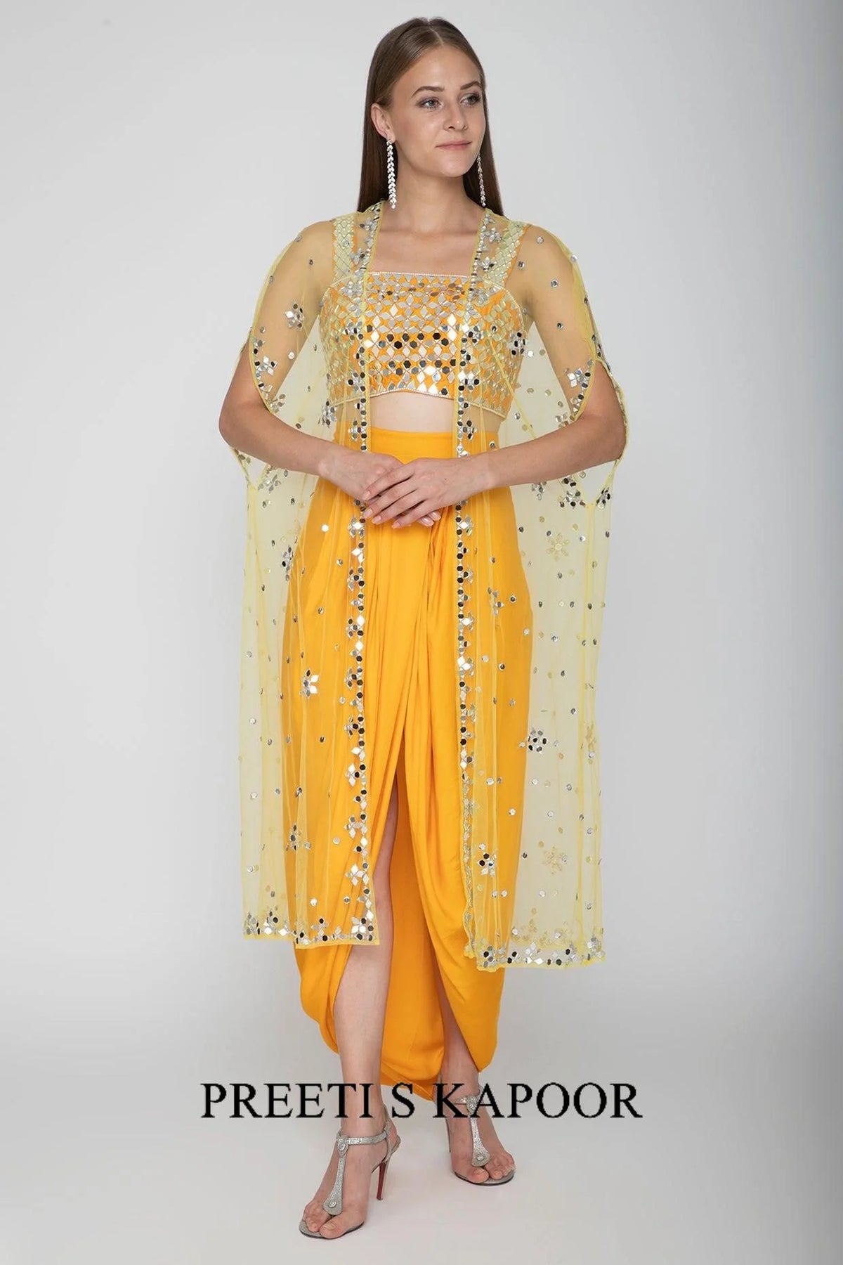 Mango Yellow Embroidered Blouse With Dhoti Skirt & Yellow Cape - Preeti S Kapoor