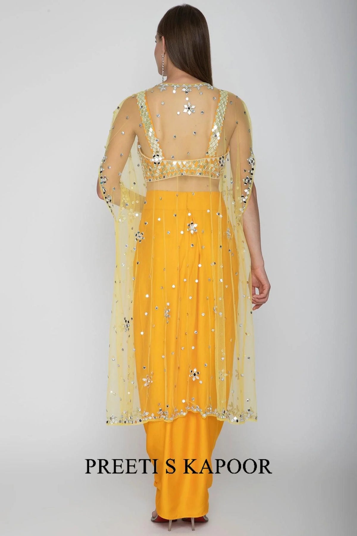 Mango Yellow Embroidered Blouse With Dhoti Skirt & Yellow Cape - Preeti S Kapoor