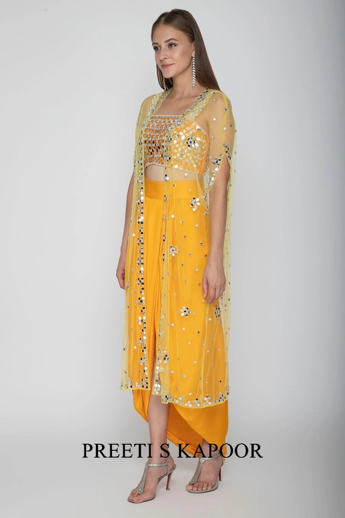 Mango Yellow Embroidered Blouse With Dhoti Skirt & Yellow Cape - Preeti S Kapoor