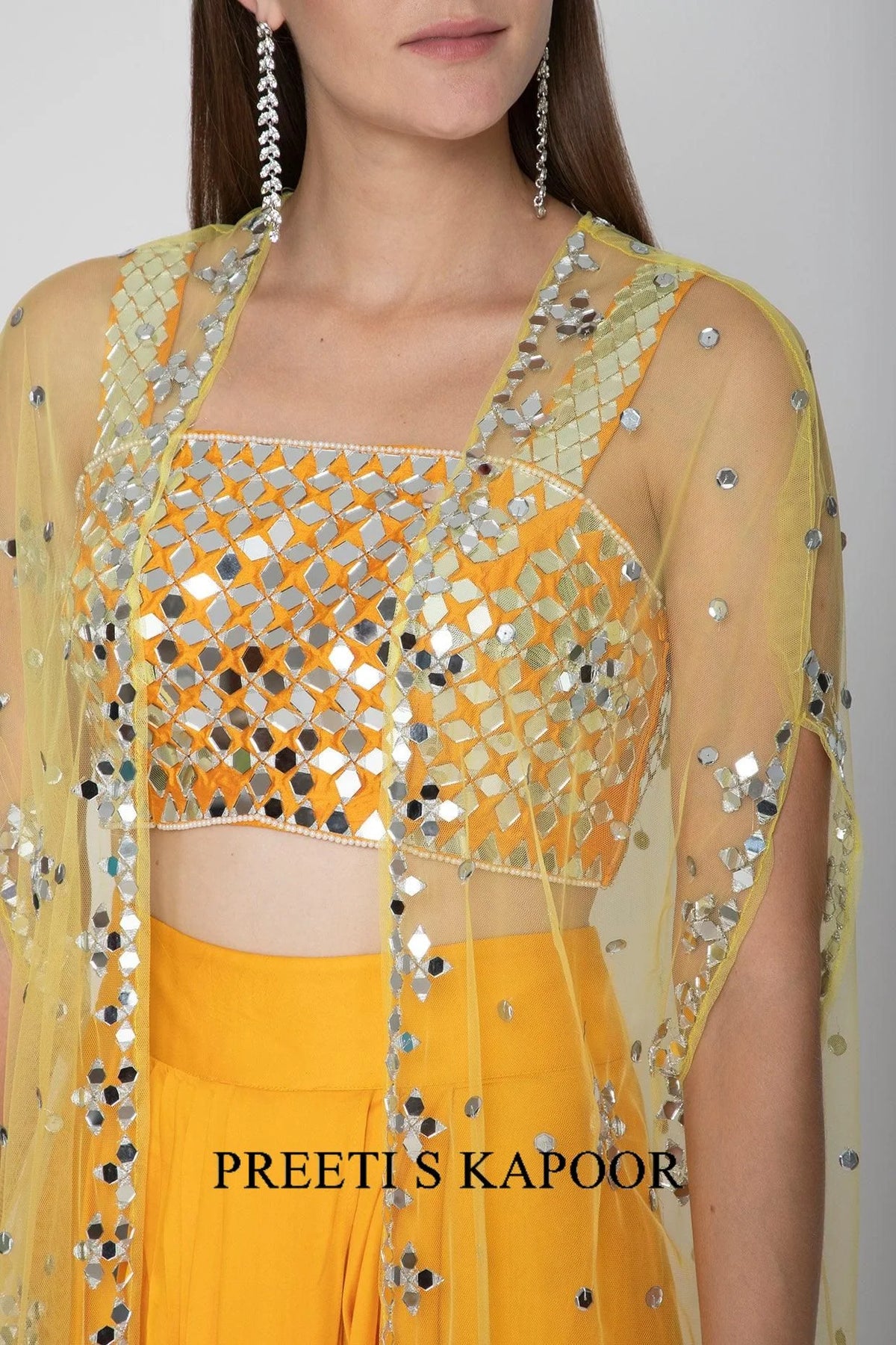 Mango Yellow Embroidered Blouse With Dhoti Skirt & Yellow Cape - Preeti S Kapoor