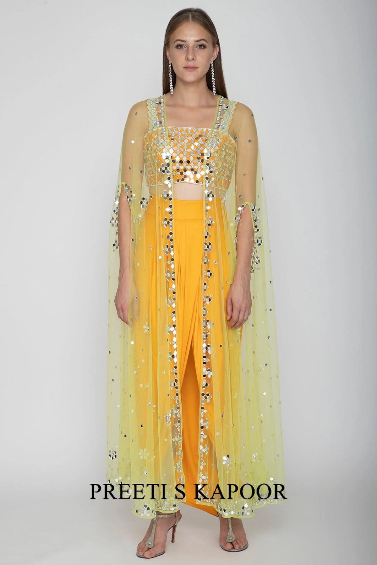 Mango Yellow Embroidered Blouse With Dhoti Skirt & Lime Yellow Cape - Preeti S Kapoor