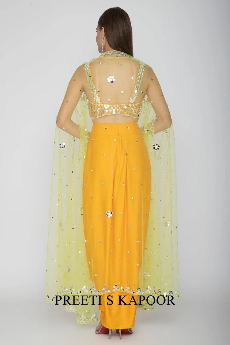 Mango Yellow Embroidered Blouse With Dhoti Skirt & Lime Yellow Cape - Preeti S Kapoor