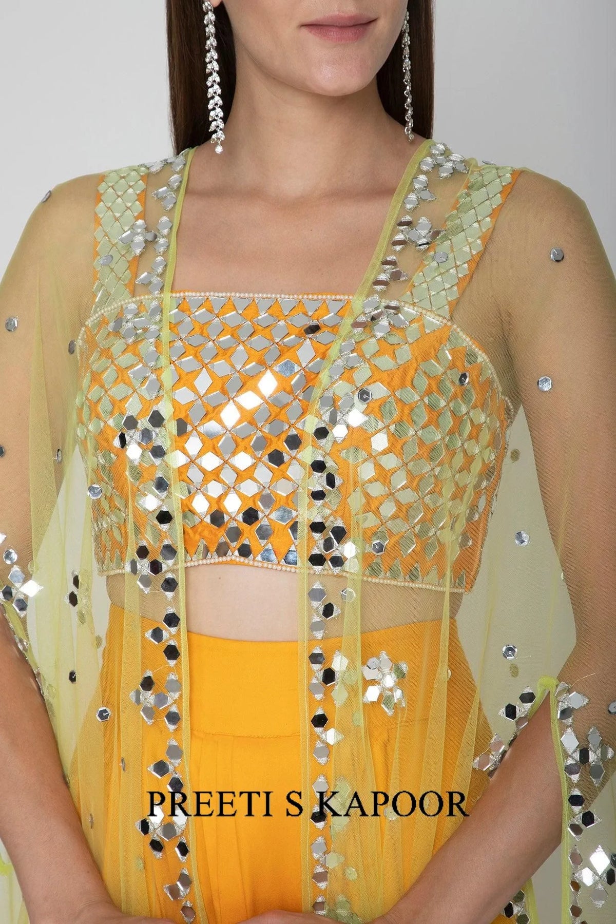 Mango Yellow Embroidered Blouse With Dhoti Skirt & Lime Yellow Cape - Preeti S Kapoor
