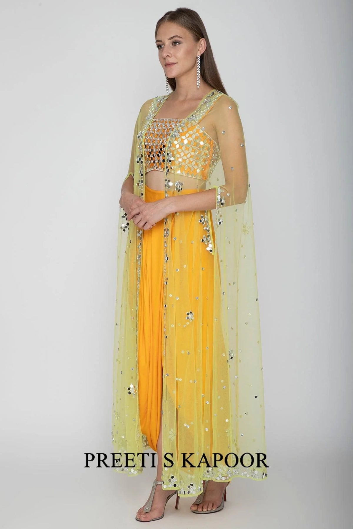Mango Yellow Embroidered Blouse With Dhoti Skirt & Lime Yellow Cape - Preeti S Kapoor