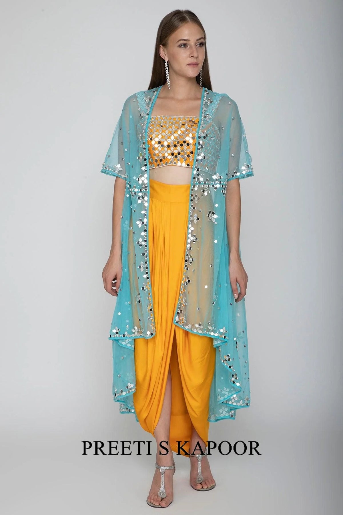 Mango Yellow Embroidered Blouse With Dhoti Skirt & Sky Blue Cape - Preeti S Kapoor