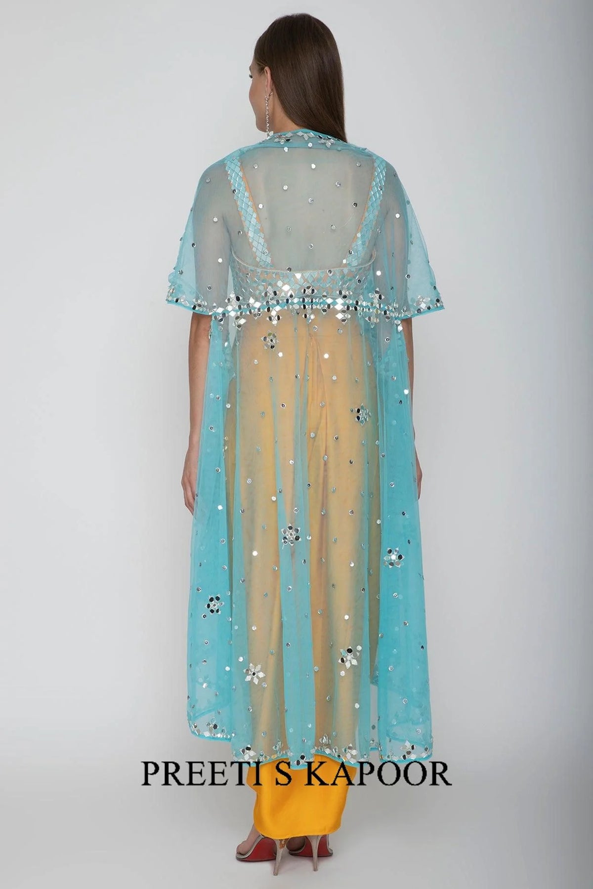 Mango Yellow Embroidered Blouse With Dhoti Skirt & Sky Blue Cape - Preeti S Kapoor
