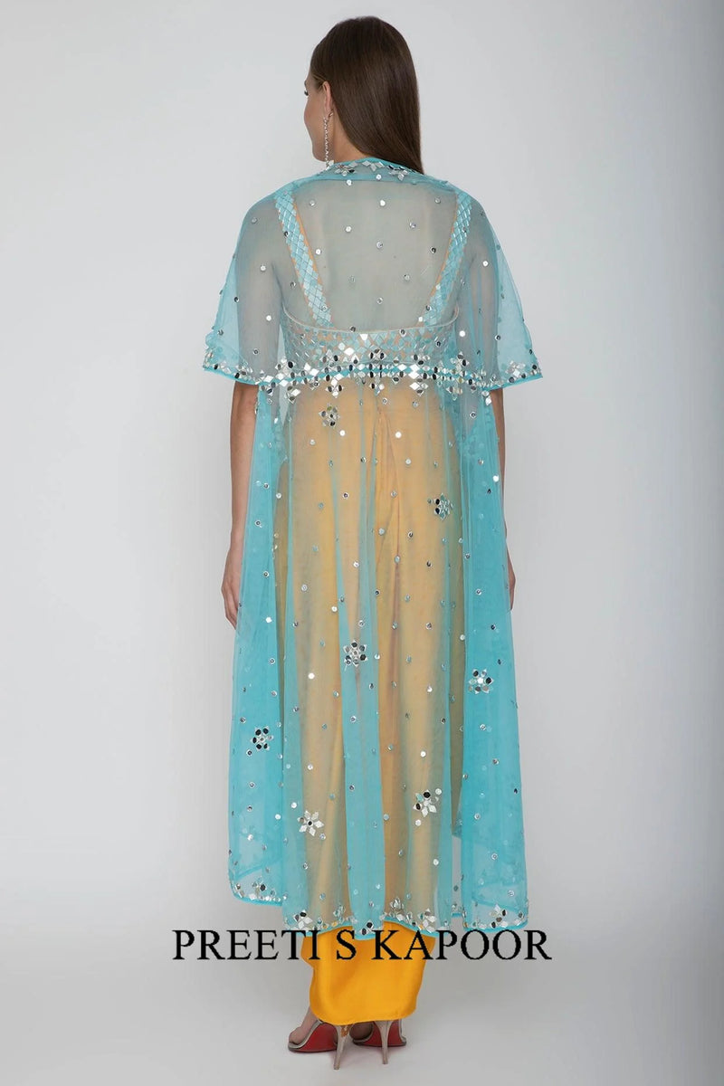 Mango Yellow Embroidered Blouse With Dhoti Skirt & Sky Blue Cape - Preeti S Kapoor