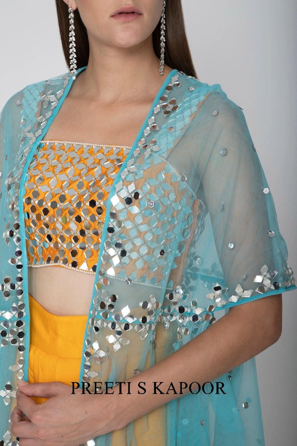 Mango Yellow Embroidered Blouse With Dhoti Skirt & Sky Blue Cape - Preeti S Kapoor