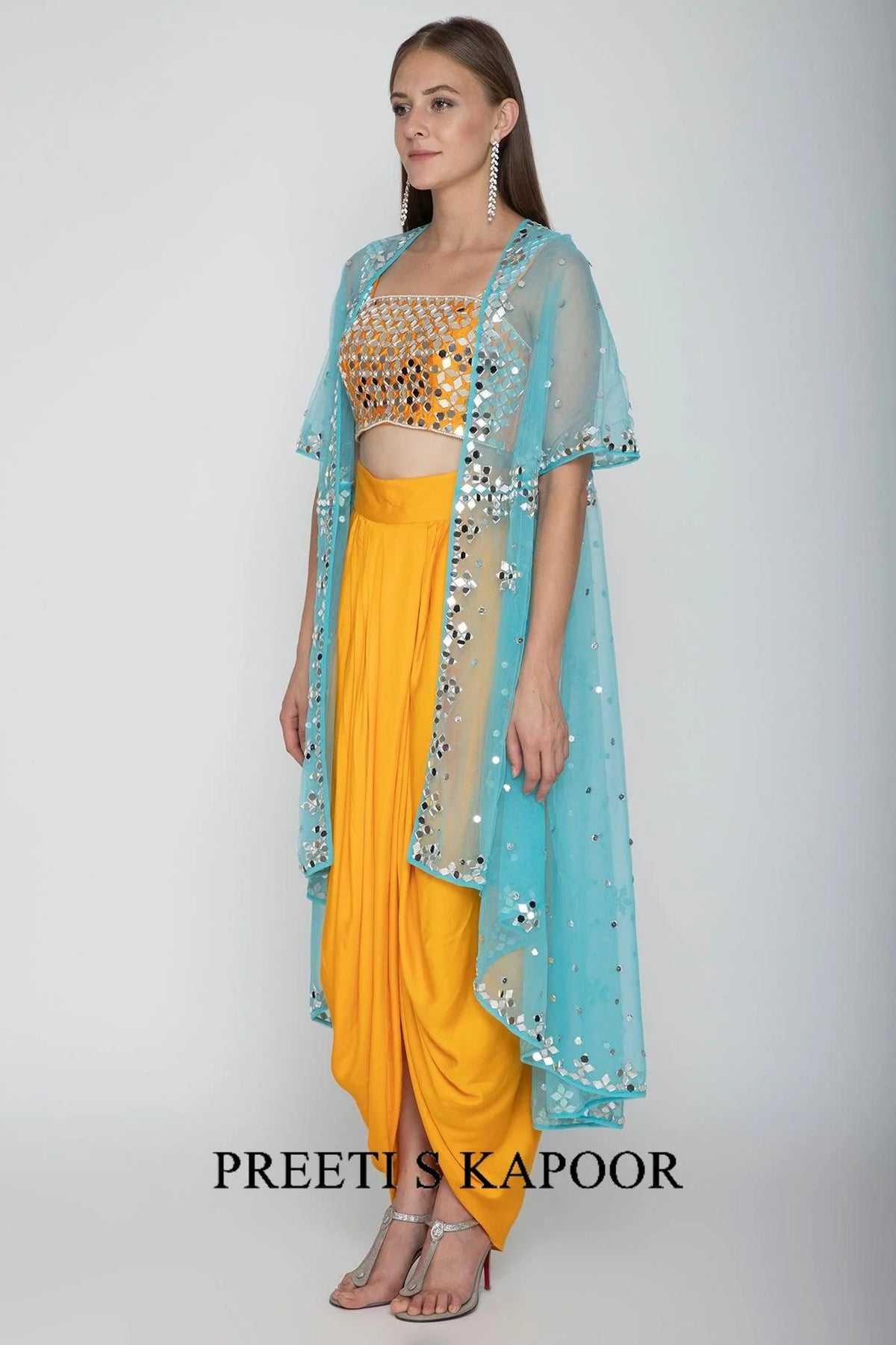 Mango Yellow Embroidered Blouse With Dhoti Skirt & Sky Blue Cape - Preeti S Kapoor