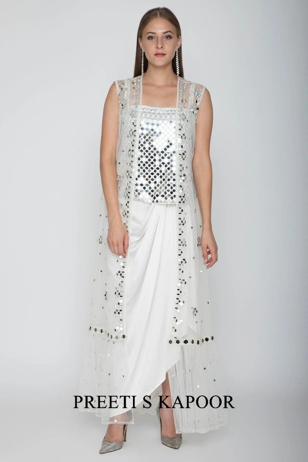 White Embroidered Blouse With Dhoti Skirt & Cape - Preeti S Kapoor