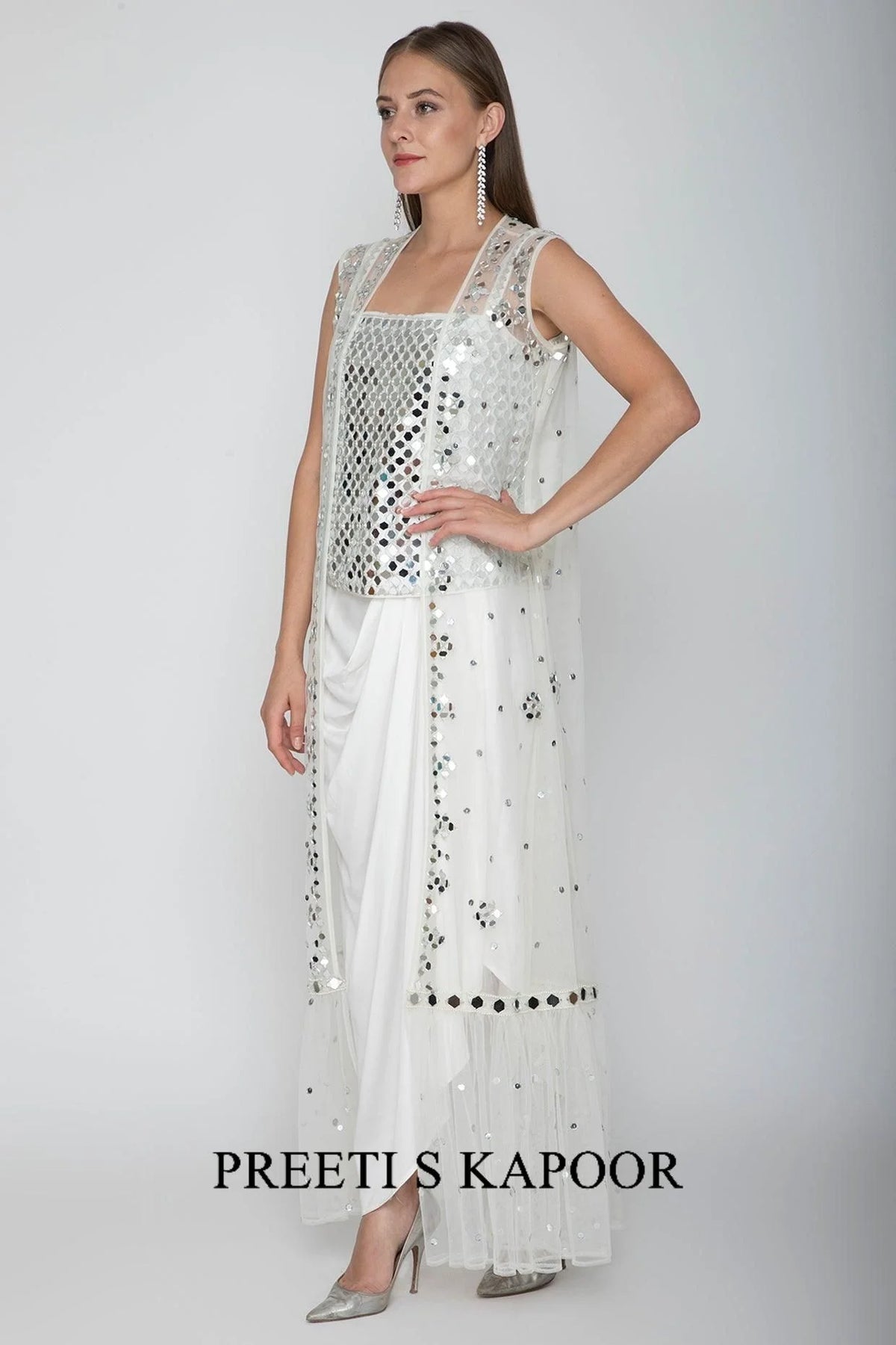 White Embroidered Blouse With Dhoti Skirt & Cape - Preeti S Kapoor