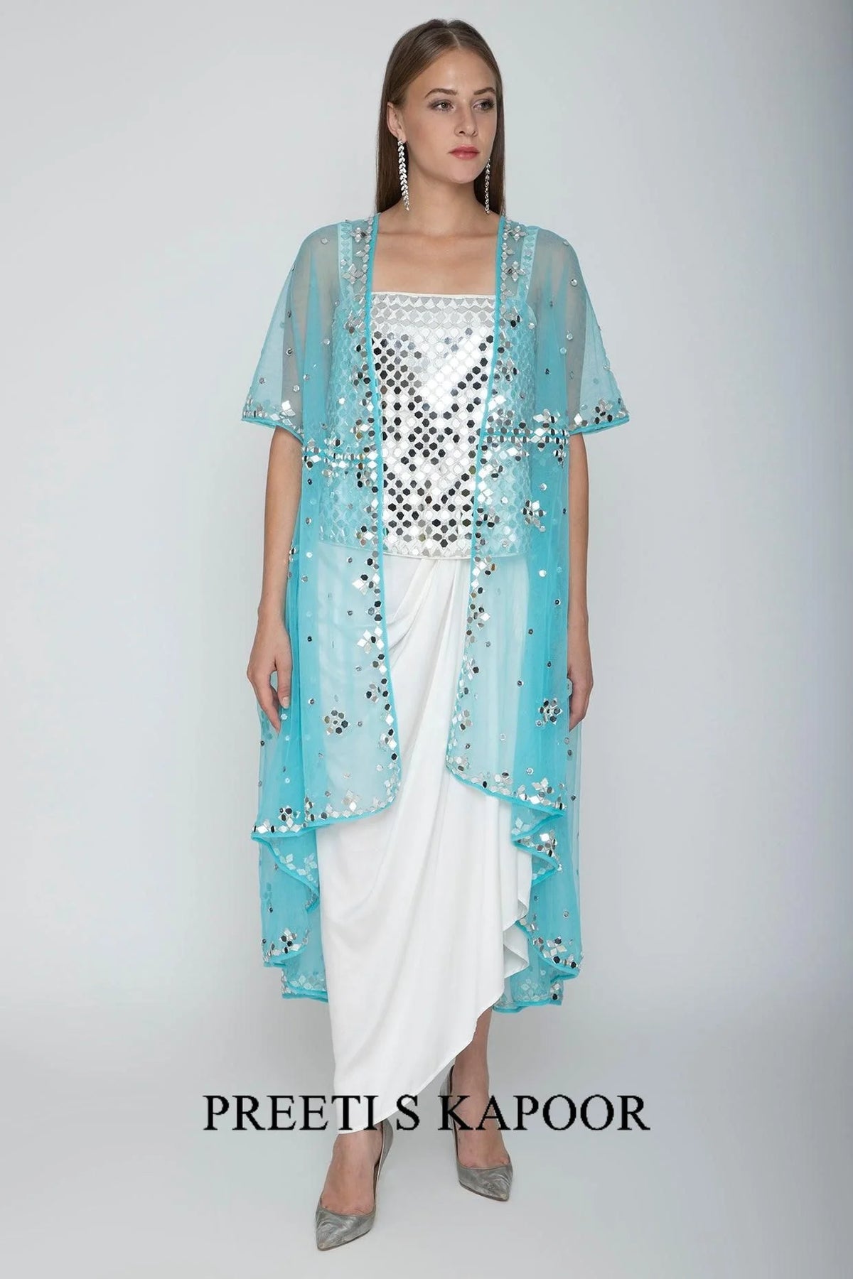 White Embroidered Blouse With Dhoti Skirt & Sky Blue Cape - Preeti S Kapoor