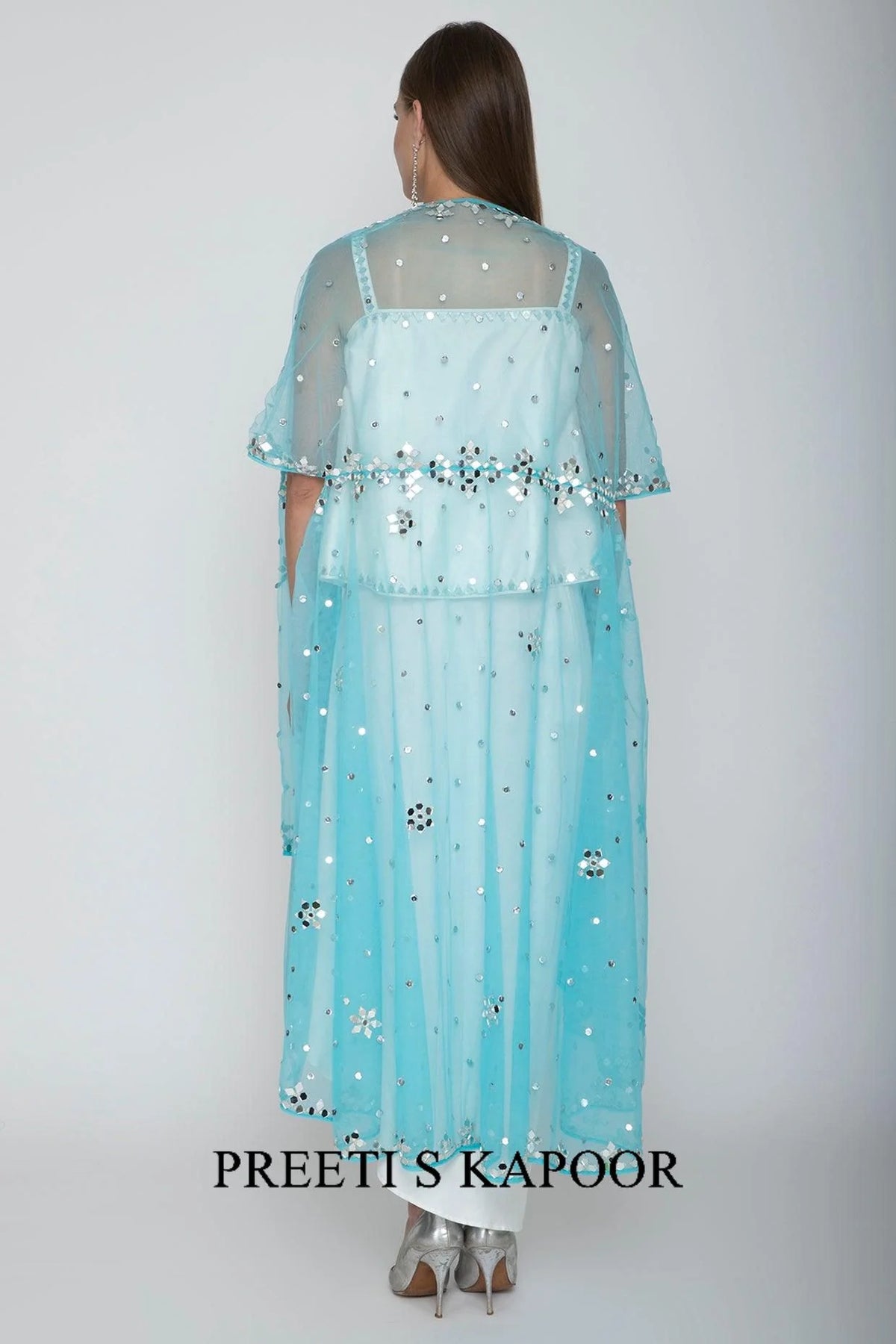 White Embroidered Blouse With Dhoti Skirt & Sky Blue Cape - Preeti S Kapoor