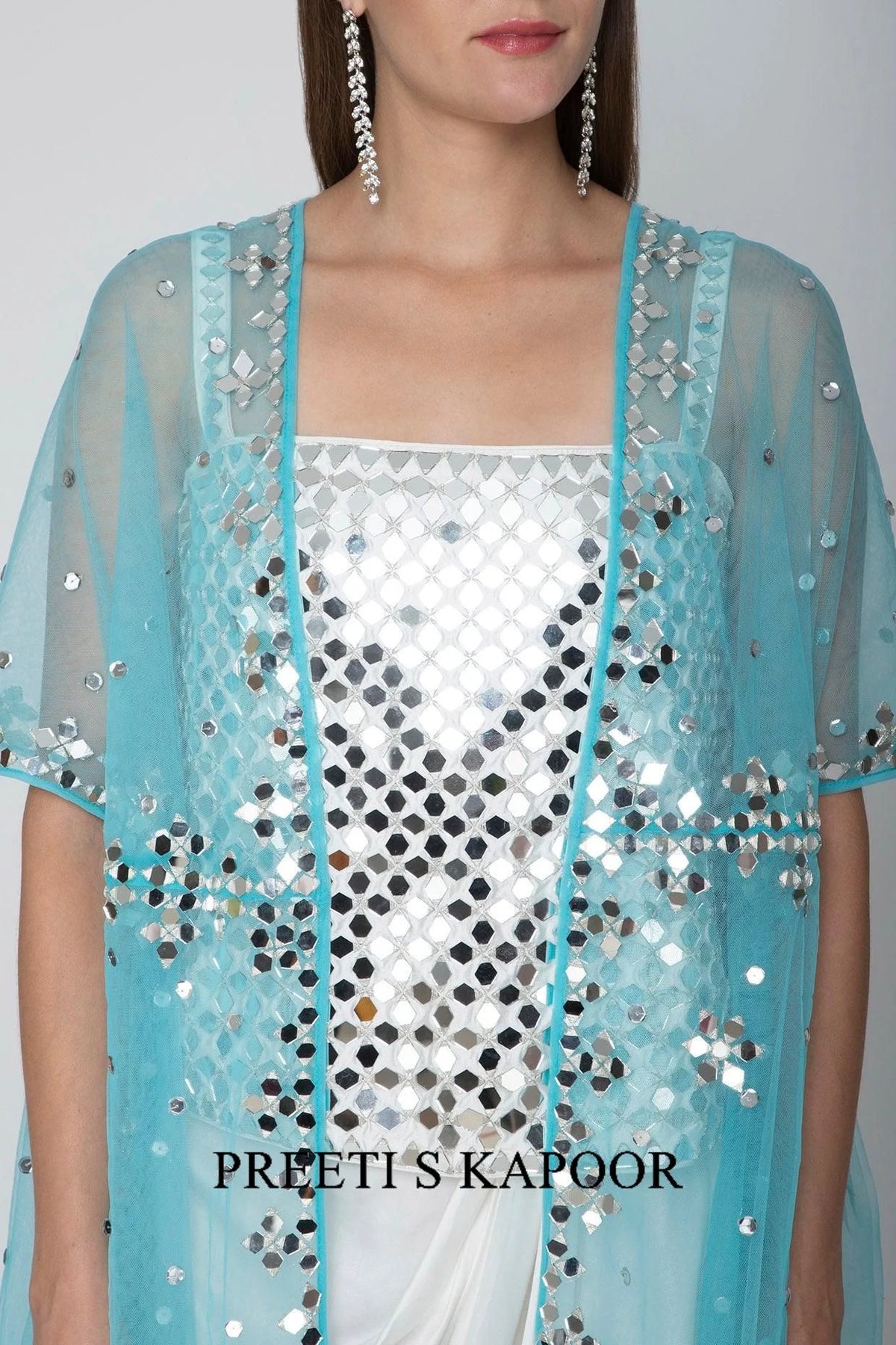 White Embroidered Blouse With Dhoti Skirt & Sky Blue Cape - Preeti S Kapoor