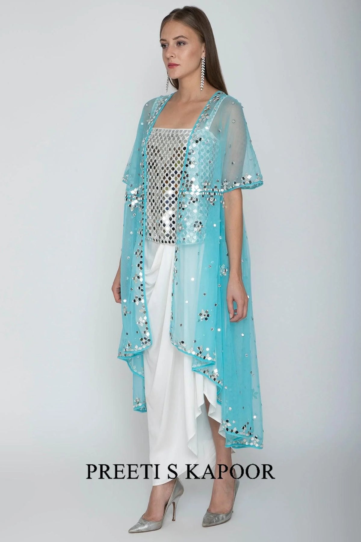 White Embroidered Blouse With Dhoti Skirt & Sky Blue Cape - Preeti S Kapoor