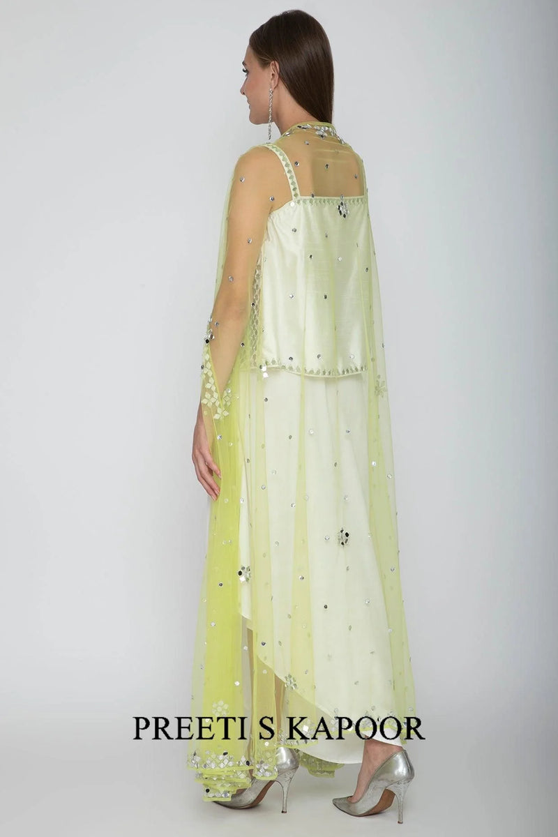 White Embroidered Blouse With Dhoti Skirt & Lime Yellow Cape - Preeti S Kapoor